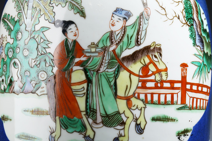 古玩陶瓷清晚灑藍開窗五彩黃粱一夢人物故事冬瓜蓋罐（學渣白日夢）拍賣，當前價格18888元