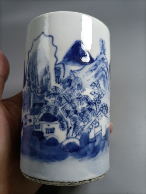 古玩陶瓷晚清青花山水人物紋筆筒拍賣,當前價格2980元