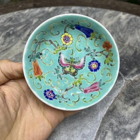 古玩陶瓷大清光緒年制款松石綠粉彩瓜瓞綿綿紋賞盤拍賣，當前價格488元