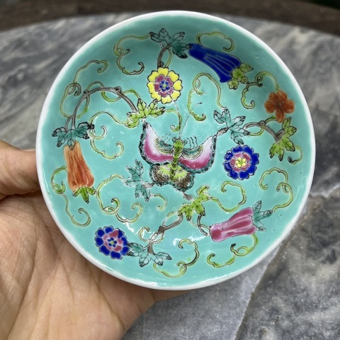 古玩陶瓷大清光緒年制款松石綠粉彩瓜瓞綿綿紋賞盤拍賣，當前價格488元