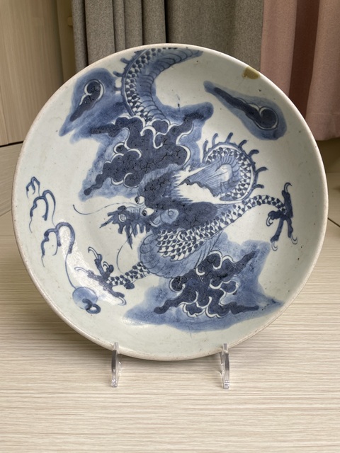 古玩陶瓷清雍正 青花過墻龍紋盤拍賣,當前價格3500元