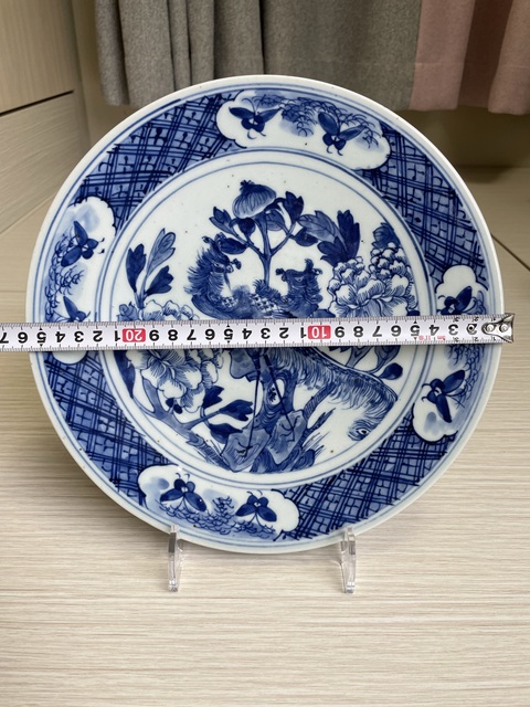 古玩陶瓷清中期 精品青花洞石雙鳳穿牡丹花蝶紋盤拍賣,當前價格3500元