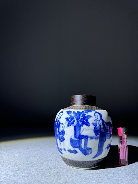 古玩陶瓷清代晚期青花三娘教子紋青花罐清代青花茶葉罐拍賣,當前價格2500元