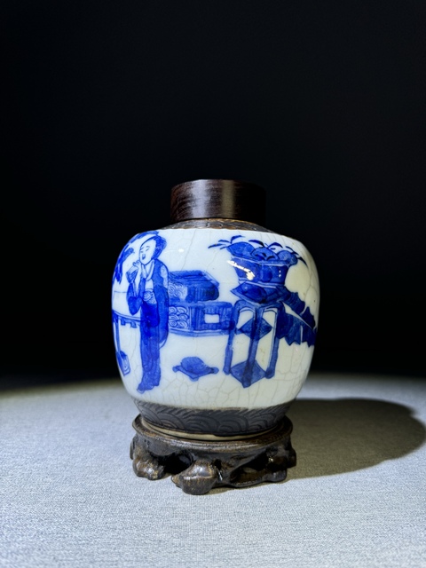 古玩陶瓷清代晚期青花三娘教子紋青花罐清代青花茶葉罐拍賣,當前價格2500元