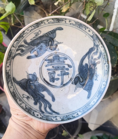 古玩陶瓷明代嘉靖萬歷壽字三鳳青花盤拍賣，當前價格1488元