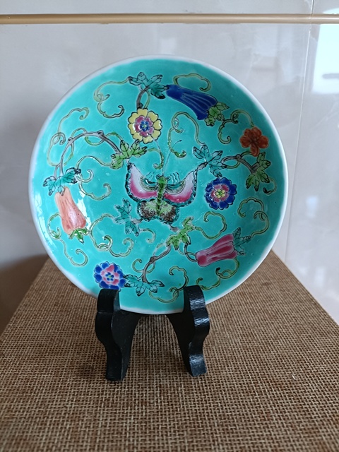 古玩陶瓷大清光緒年制款松石綠粉彩瓜瓞綿綿紋賞盤拍賣，當前價格488元