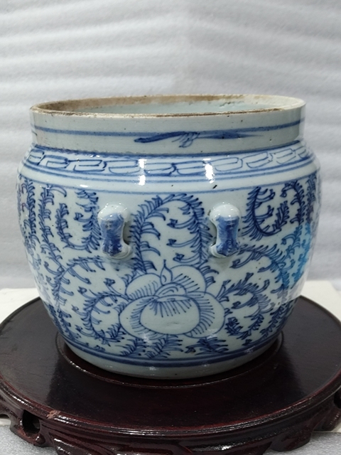 古玩陶瓷青花纏枝花紋四系粥罐拍賣,當前價格1288元