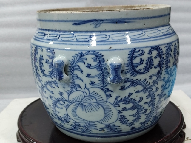 古玩陶瓷青花纏枝花紋四系粥罐拍賣,當前價格1288元