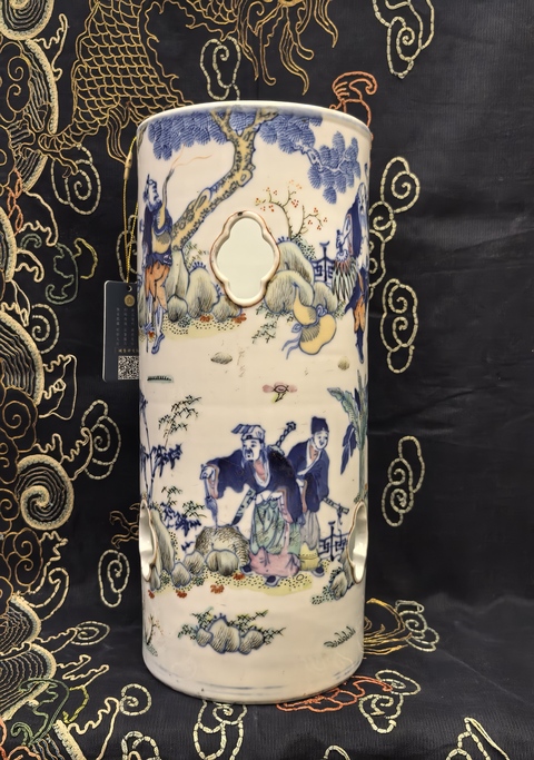 古玩陶瓷同治本朝款青花五彩+斗彩八仙人物帽筒拍賣，當(dāng)前價(jià)格16888元