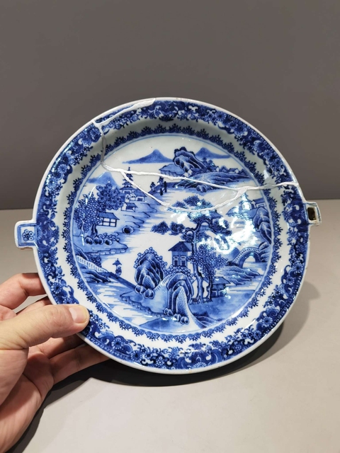 古玩陶瓷清乾隆細路山水紋青花溫盤拍賣,當前價格1588元