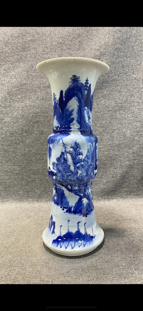 古玩陶瓷晚清 青花漁樵耕讀山水人物折戟花觚拍賣，當(dāng)前價(jià)格4577元