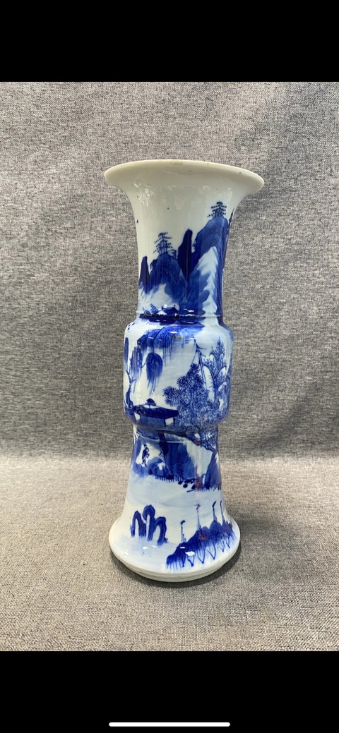 古玩陶瓷晚清 青花漁樵耕讀山水人物折戟花觚拍賣，當(dāng)前價(jià)格4577元