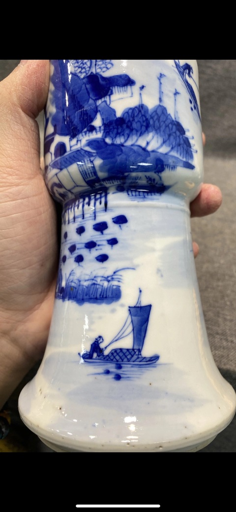 古玩陶瓷晚清 青花漁樵耕讀山水人物折戟花觚拍賣，當(dāng)前價(jià)格4577元