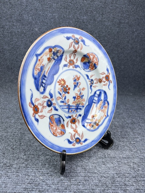 古玩陶瓷青花礬紅描金開窗花卉紋盤拍賣,當前價格1388元
