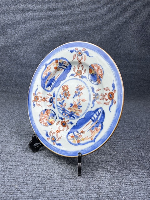 古玩陶瓷青花礬紅描金開窗花卉紋盤拍賣,當前價格1388元