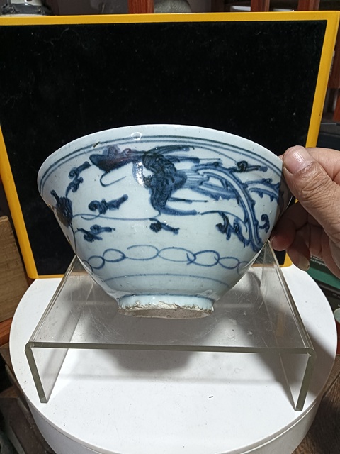 古玩陶瓷明嘉萬青花鳳紋斗笠大碗拍賣，當前價格2600元