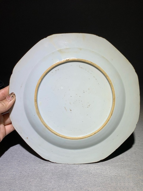 古玩陶瓷清代乾隆青花粉彩卷軸畫卷開光山水花卉紋八方盤拍賣，當前價格2600元