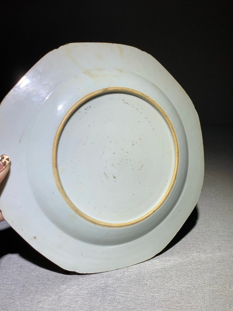古玩陶瓷清代乾隆青花粉彩卷軸畫卷開光山水花卉紋八方盤拍賣，當前價格2600元