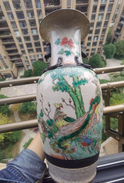 古玩陶瓷哥釉五彩鳳穿牡丹圖撇口瓶拍賣，當前價格3000元