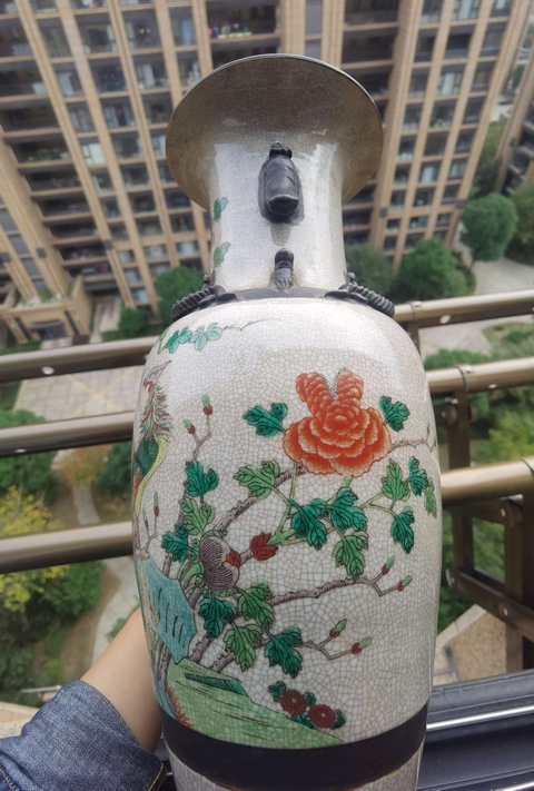 古玩陶瓷哥釉五彩鳳穿牡丹圖撇口瓶拍賣，當前價格3000元
