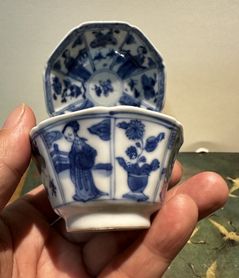 古玩陶瓷清康熙仕女花卉紋青花杯盤拍賣，當前價格3555元