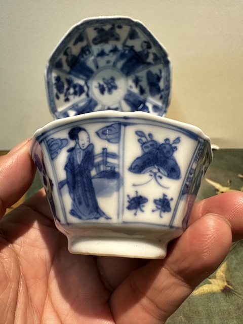 古玩陶瓷清康熙仕女花卉紋青花杯盤拍賣，當前價格3555元