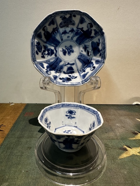 古玩陶瓷清康熙仕女花卉紋青花杯盤拍賣，當前價格3555元