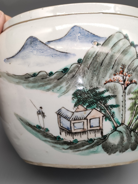 古玩陶瓷民國(guó),淺絳彩山水人物紋粥罐拍賣,當(dāng)前價(jià)格999元