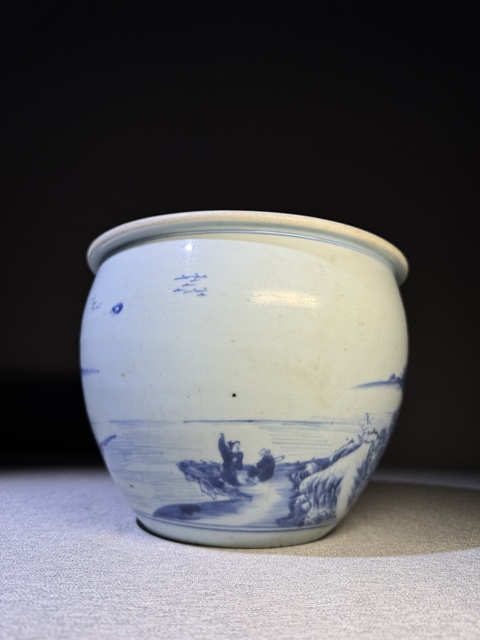 古玩陶瓷【精品】清代康熙青花細(xì)路山水人物紋卷缸康熙青花瓷器拍賣,當(dāng)前價格48000元