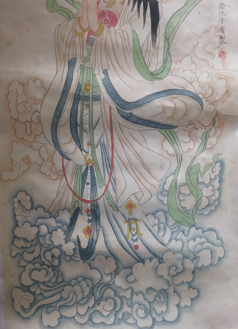 古玩字畫中美協會員山東名家李學榮絹本觀音大士拍賣，當前價格899元