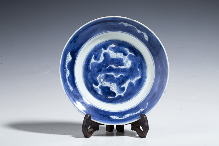 古玩陶瓷清康熙·灑藍開窗斗笠碗拍賣，當前價格500元