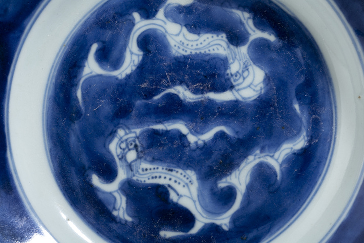 古玩陶瓷清康熙·灑藍開窗斗笠碗拍賣，當前價格500元