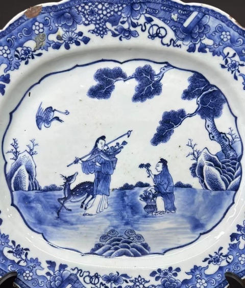 古玩陶瓷乾隆青花麻姑獻壽花口大盤拍賣,當前價格5280元