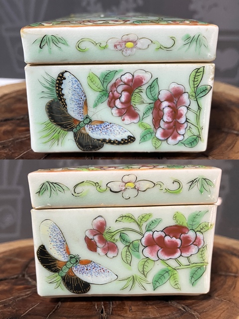 古玩陶瓷（保真卡）豆青釉廣彩花鳥紋蓋盒拍賣，當前價格3500元