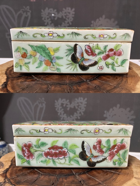古玩陶瓷（保真卡）豆青釉廣彩花鳥紋蓋盒拍賣，當前價格3500元