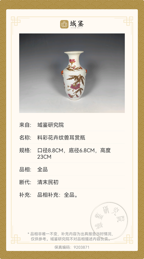 古玩陶瓷晚清民國料彩花卉紋獅耳撇口瓶拍賣,當前價格2680元