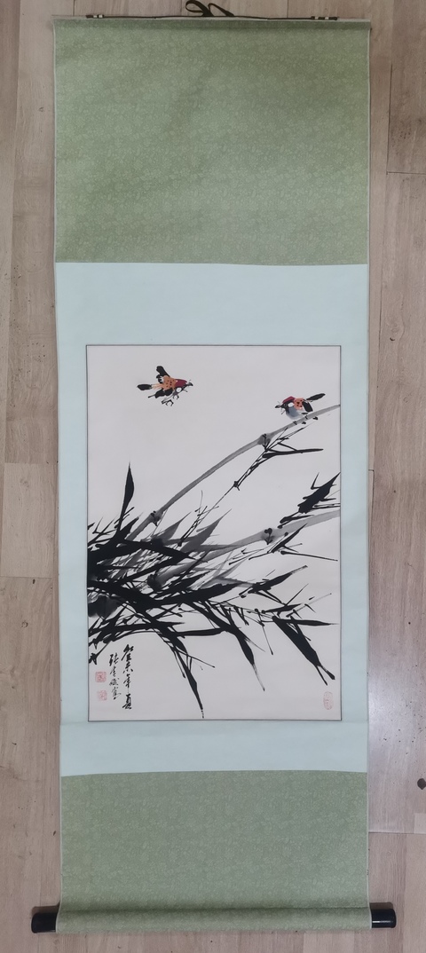 古玩字畫趙少昂大師弟子老中美協會員張吉俊竹雀圖拍賣,當前價格1288元