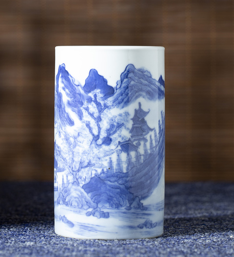 古玩陶瓷晚清·青花山水人物紋筆筒拍賣，當前價格1416元