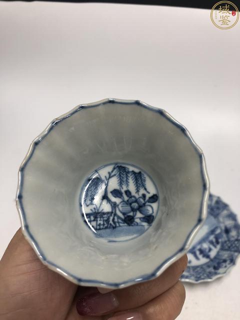 古玩陶瓷康熙青花漁家樂紋花口杯碟拍賣，當(dāng)前價格1500元