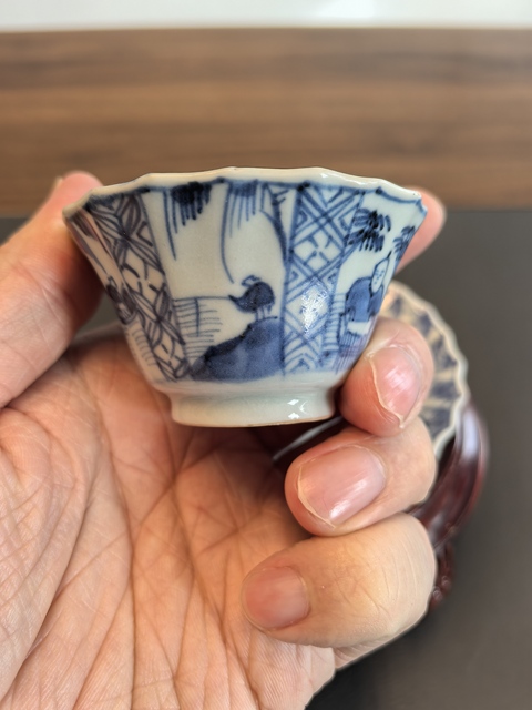 古玩陶瓷康熙青花漁家樂紋花口杯碟拍賣，當(dāng)前價格1500元