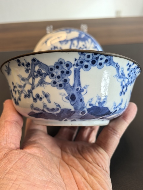 古玩陶瓷晚清畫66只青花喜鵲登梅圖蓋碗拍賣，當前價格3000元