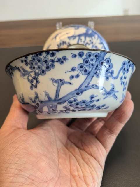 古玩陶瓷晚清畫66只青花喜鵲登梅圖蓋碗拍賣，當前價格3000元