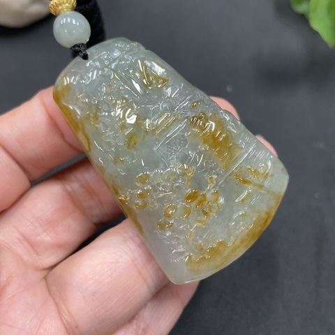 古玩玉器59天然翡翠雕刻山水紋飾牌(正冰種) 配證書拍賣,當前價格980元