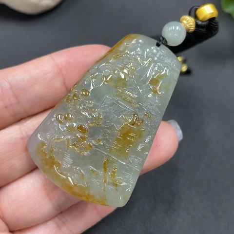 古玩玉器59天然翡翠雕刻山水紋飾牌(正冰種) 配證書拍賣,當前價格980元