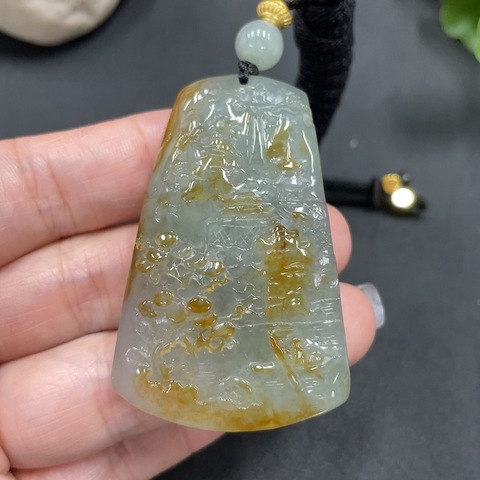 古玩玉器59天然翡翠雕刻山水紋飾牌(正冰種) 配證書拍賣,當前價格980元