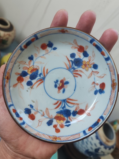 古玩陶瓷清康熙時期青花礬紅花卉描金臥盤拍賣，當前價格788元