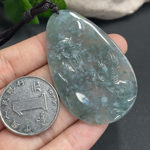 古玩玉器67天然翡翠雕刻松鶴延年紋飾掛件（正冰種）拍賣，當前價格330元