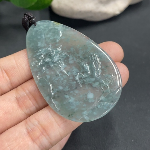 古玩玉器67天然翡翠雕刻松鶴延年紋飾掛件（正冰種）拍賣，當前價格330元