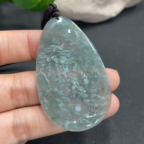 古玩玉器67天然翡翠雕刻松鶴延年紋飾掛件（正冰種）拍賣，當前價格330元