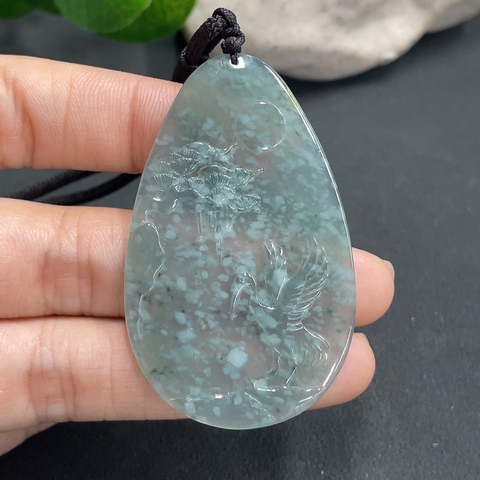 古玩玉器67天然翡翠雕刻松鶴延年紋飾掛件（正冰種）拍賣，當前價格330元